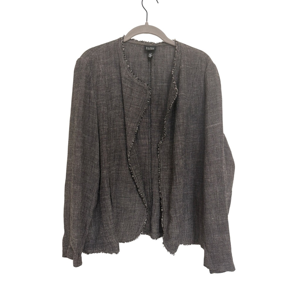 Eileen Fisher Womens Grey Linen Rayon Fringe Trim Open Front Jacket Size S